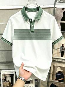 Manfinity Hypemode 男士夏季休閒拼色條紋 Polo 衫 - 綠色 - 查看 5