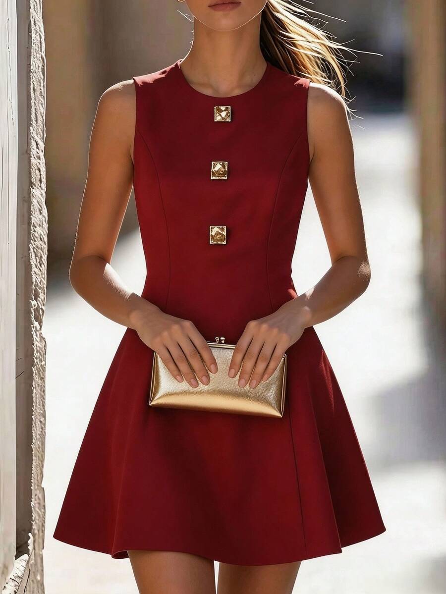 SHEIN Vintage Burgundy Metal Buckle Sleeveless Dress For Women, Waist-Cinched Slimming A-Line Short Tank Dress, Elegant Commuter Versatile Style, Suitable For Daily Wear And Dating - Burgundy - View 1