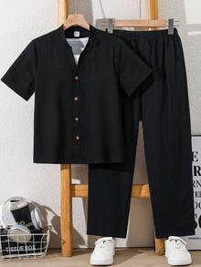 SHEIN 2件組兒童青少年男童休閒日常舒適立領鈕扣式寬鬆短袖襯衫直筒寬鬆長褲梭織兩件套，休閒學院風，舒適時尚，簡約實用，百搭柔軟面料，適合日常穿著、上學、旅行、戶外運動，適用於春、夏、秋、冬四季 - 黑色 - 查看 4