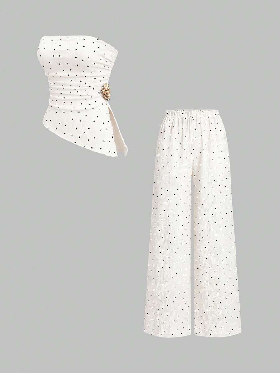 Sweetra Spring/Summer Fashion New Vintage Strapless Ruched Metal Buckle Waist-Cinched Slimming Asymmetrical Hem Top & Minimalist Wide Leg Long Pants Elegant Women's Brown Polka Dot 2-Piece Set - Apricot - View 1