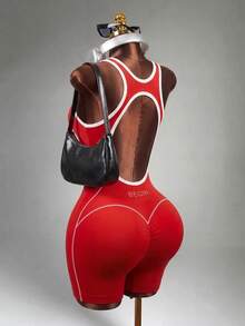 Mistrie Women Contrasting Color Trim Hollow Sleeveless Slim Fit Romper, Summer Sports - Red - View 4
