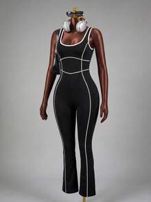 Mistrie Damen Yoga Outdoor Fitness Jumpsuit mit breiten Trägern, eng anliegende ausgestellte Hose mit kontrastfarbigen Streifen, Yoga Jumpsuit Activewear Jumpsuit Sport - Schwarz - Übersicht 5