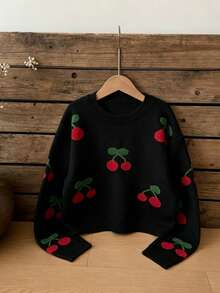 SHEIN Genkimix Kids Fashion Casual Sweet Cherry Girls' Pullover Sweater Autumn Fall - Black - View 3