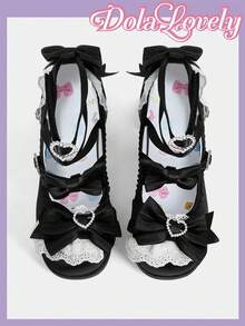 Dola Lovely Women's Shoes, Black, Satin Texture, Stylish Sweet Bow Embellished Lace High Heel Mary Jane - Black + Satin - View 2