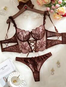 SHEIN Sexy Sheer Embroidered 2-Piece Set - Brown - View 1