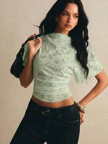 Poéselle Women's Floral Print Ruched Slim Fit Versatile Casual Romantic Elegant T-Shirt Date Night Brunch Sage Green Summer - Green - View 6