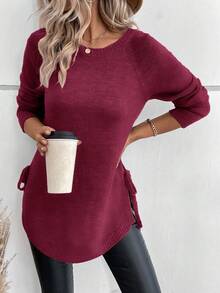 SHEIN LUNE Women's Solid Color Round Neck Raglan Long Sleeve Casual Pullover Sweater - Red Violet - View 4