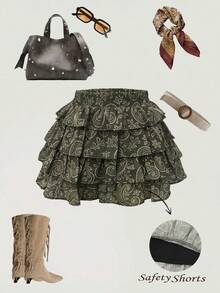 Rina Fox Women's All-Over Print Puff Ruffle Hem Cake Style Skirt, Spring/Summer - Green - View 4