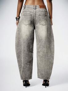 Denimoi Barrel Leg Washed Denim Jeans Fashionable Denim Fall & Winter - Black - View 2