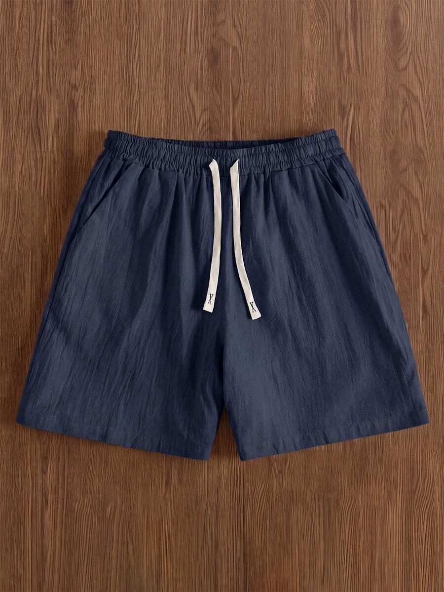 Manfinity Hypemode Pantalones cortos casuales y cómodos de algodón y lino con cordón para hombres, para vacaciones - Azul Marino - Ver 1