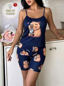 Teen Girls Royal Blue Cute Capybara Print Camisole Top And All-Over Capybara Print Shorts Set Pajamas Tight Homewear - Royal Blue - View 5