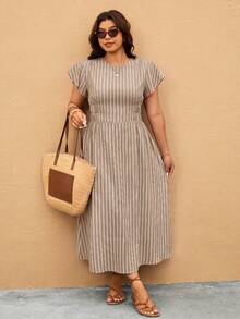 Elaquor Plus Size Casual Striped Cinched Waist Ruffle Cuff Dress - Brown - View 5