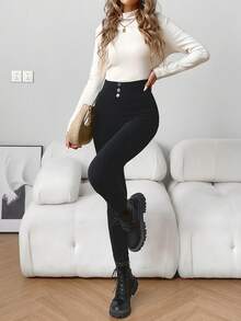 SHEIN Raffinéa 女款冬季新年高腰提臀收腰修身保暖內裡加厚緊身褲 - 黑色 - 查看 6
