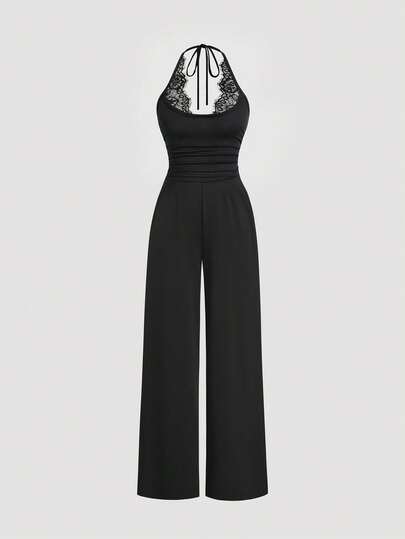 Sweetra Women's Black Lace Trim Patchwork Spaghetti Strap Draped Straight Leg Wide Leg Jumpsuit