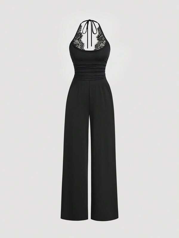 Sweetra Women's Black Lace Trim Patchwork Spaghetti Strap Draped Straight Leg Wide Leg Jumpsuit