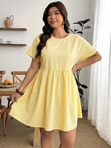Enliva Plus Size Women's Spring/Summer Fashion Casual Loose Comfortable Refreshing Daily Versatile Slimming Yellow Short Sleeve Shirt Dress, Vacation - Yellow - View 4