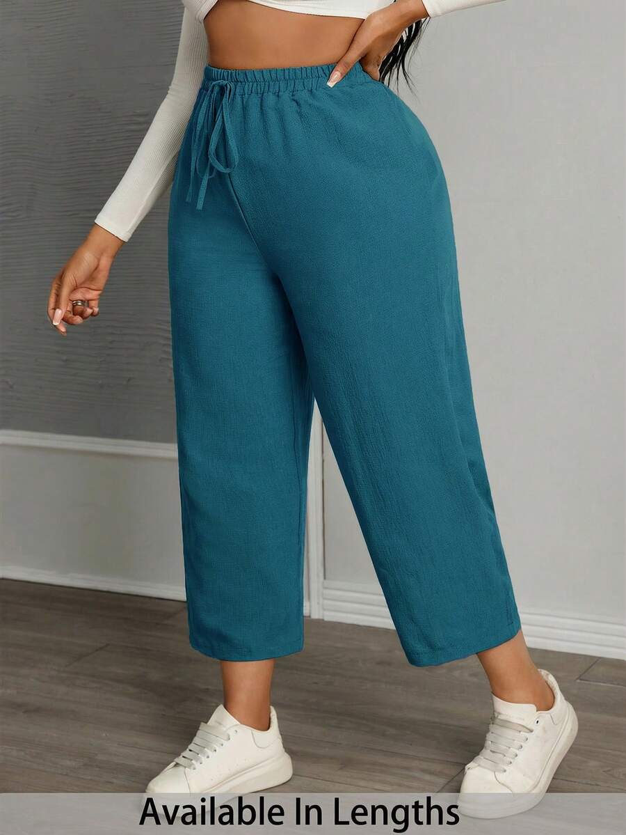 SHEIN PETITE CURVE 女款大尺碼休閒百搭純色長褲 - 水鴨藍 - 查看 1