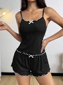SHEIN Đồ ngủ INS Minimalist màu tím có gân dành cho nữ, phù hợp mặc thường ngày và mặc ngủ - màu đen - Xem 5