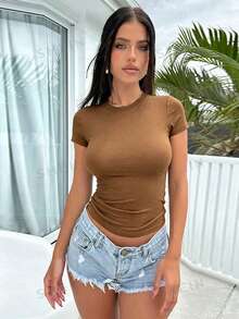 INAWLY Solva 女款休閒優雅舒適棉質T恤 - 棕色 - 查看 5