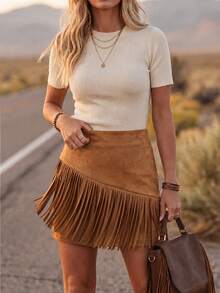 LanaWest Rok Suede Boho Wanita Gaya Western Kasual dengan Pinggang Elastis di Belakang dan Rumbai Asimetris - Coklat - View 1