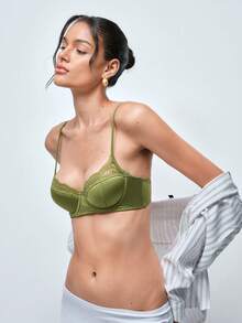 Softvol Lace Patchwork Wireless Padded Adjustable Spaghetti Strap Sexy Bra For Women Lingerie For Women - Green - View 9