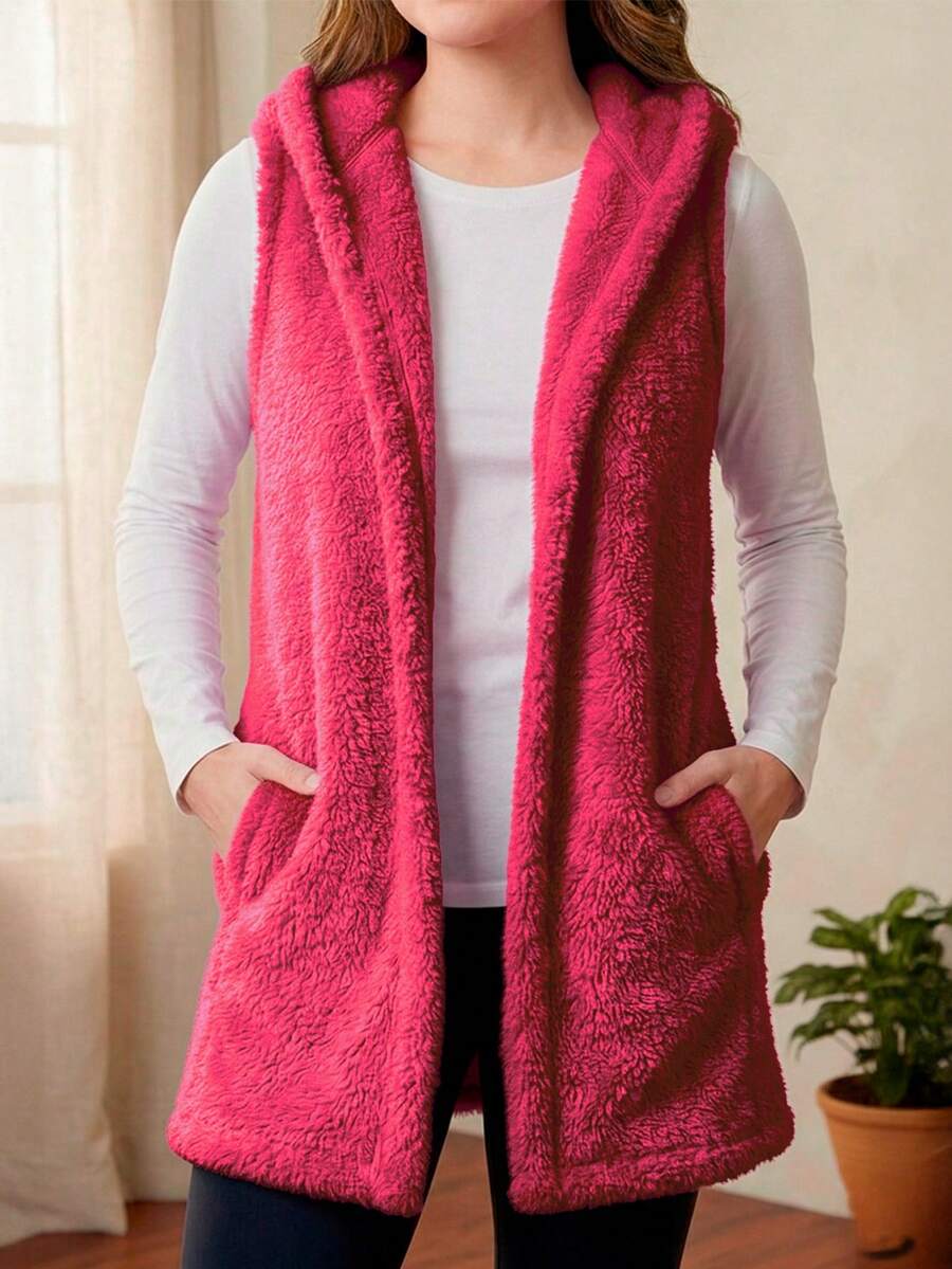 Women's Vest, Open Design With Super Soft Hood - Fucsia - View 1