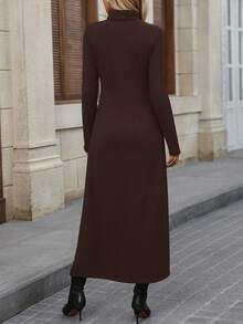Editum Women's Autumn/Winter Fashion Versatile Solid Color High Neck High-Low Hem T-Shirt Everyday Dark Brown Casual - Coffee Brown - View 3