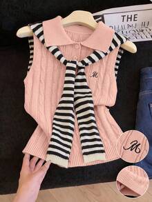Everyssa New European & American Fashion Mixed Color Versatile Knit Top Sweater Dress - Pink - View 1