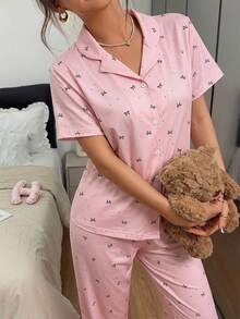 女童棕色蝴蝶結與棕色波點印花粉色底色舒適短袖長版開襟翻領家居服套裝，柔軟舒適面料，送給女孩子的完美禮物 - 粉色 - 查看 9
