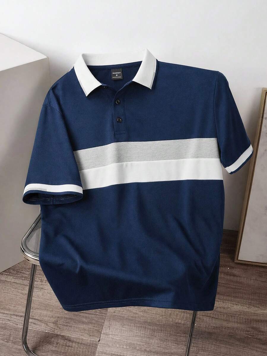 Manfinity Joysei 条纹蓝白灰撞色扁平蕾丝拉链休闲 Polo 短袖衬衫 - 彩色 - 查看 1