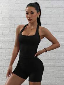 Dewbera Dewbera 女式纯色露背瑜伽背心和高腰短裤运动套装 - 彩色 - 查看 5