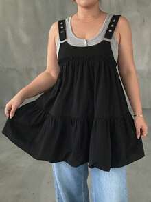 Dazy Plus Solid Color Patchwork Wide Strap Layered Casual Girl Camisole With Tulip Hem Black Versatile Tank Top Cute Tops - Black - View 4