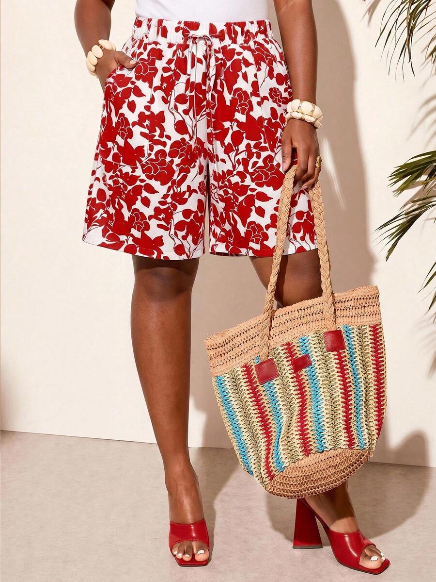 BrightlyHer Plus Size Women's Drawstring Waist Pockets Allover Floral Print Shorts, White Summer Boho Vacation Holiday Casual Beach Daily Wear Country Concert - Red - View 1