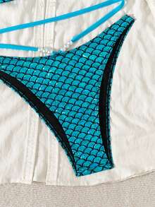 Swim SXY 2 件女式夏季海滩鳞片状铝箔纹理上衣，带吊带领和珍珠装饰比基尼泳装 - 藍色 - 查看 6