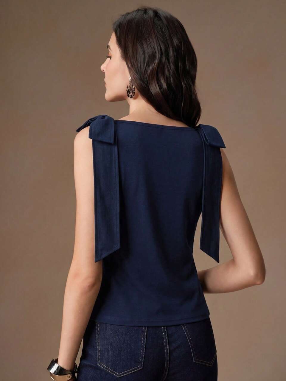 Anewsta Women's New Elegant Bow Tie Design Button Blue Vest Suitable For Spring And Summer Gatherings, Dates, Daily Commute, Navy Blue Top