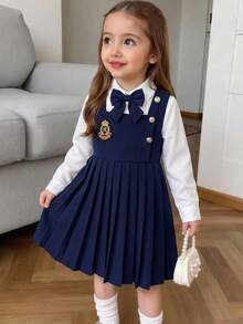 Elladie kids 女童學院風花童公主假兩件式洋裝 白色長袖上衣搭配海軍藍百褶吊帶裙 開學季秋季婚禮穿搭 - 藏蓝色 - 查看 1
