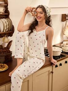 Kirschenmuster Camisole Top & Hose Pyjama Set - Beige - Übersicht 5