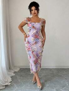 Elenzga Vestido Midi Mulheres Plus Size Elegante e Romântico com Estampa Floral Aleatória e Cintura Franzida, Adequado para Casamento, Festa, Encontro e Outras Ocasiões na Primavera/Verão - Roxo - Visão 5
