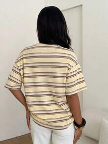 Aloruh Women's Spring/Summer Pink And Purple Striped Short Sleeve T-Shirt, Suitable For Streetwear 90s, Daily, Casual, Y2K Back-To-School Everyday Student - Multicolor - View 3