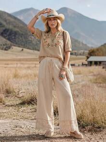 Wildy BOHO Lässig Western Country Nomad Damen Sommer Alltag Basic Outfit Bestickte Kurzarm Bluse für Ausflüge und Pendeln - Aprikosenfarben - Übersicht 2