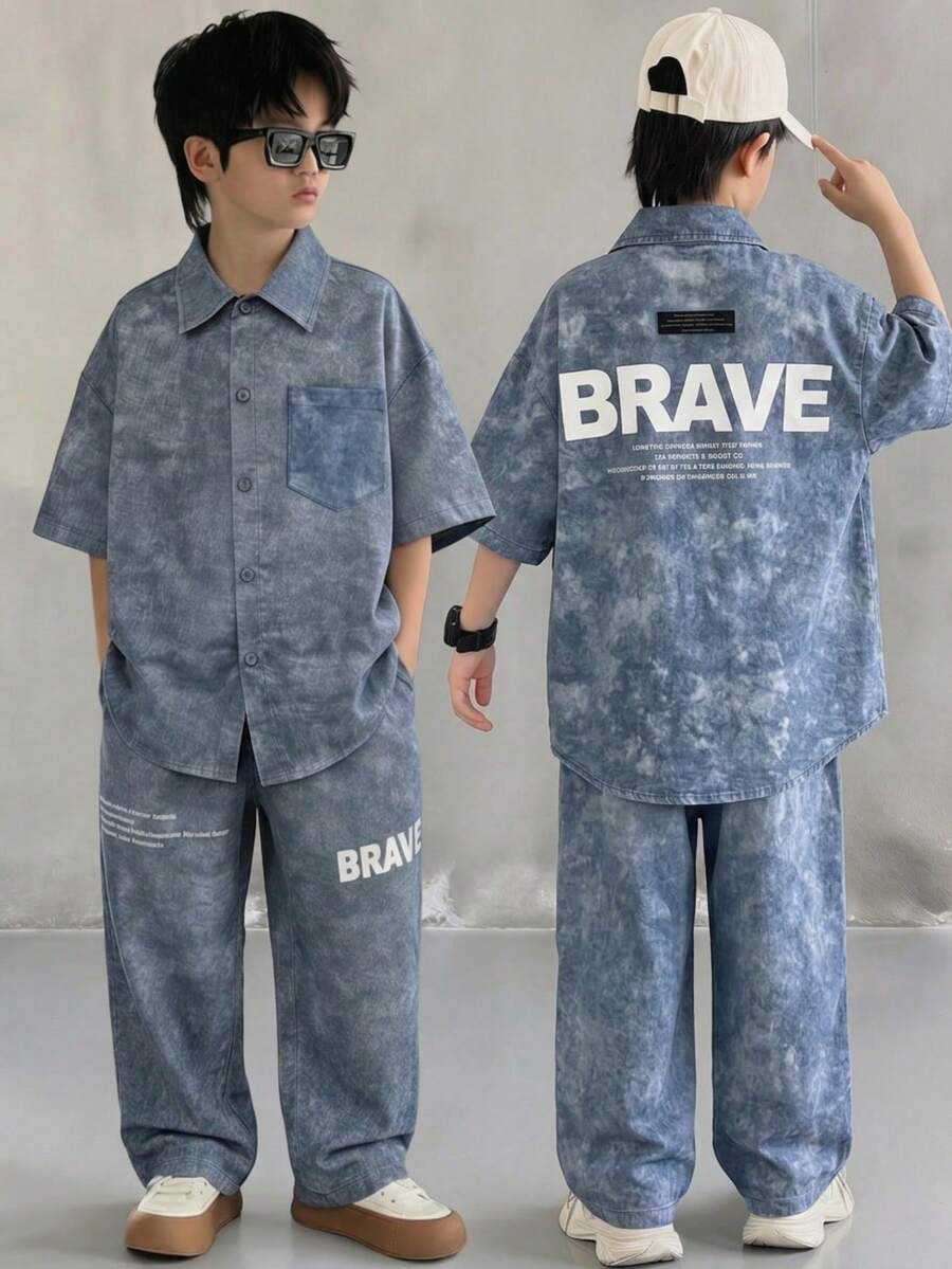 SHEIN 2件組兒童青少年男孩休閒韓系寬鬆短袖領口襯衫 & 長褲套裝，Y2k穿搭，Ss26，夏季上衣，夏季服裝，男孩套裝兒童套裝，適合春夏季，戶外穿著，情人節，旅行，度假，家庭聚會，開學，婚禮季，晚餐，運動，生日派對