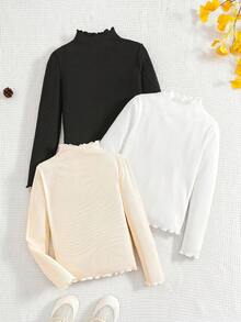 Tween Girl Tween Girl 3pcs Casual All-Match Solid Color Ribbed Lettuce Trim Mock Neck Tee - Multicolor - View 3