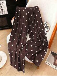 Franclia French Vintage Brown Polka Dot Wide Leg Pants, High Waist Draped Loose Slimming Thin Casual Long Pants Fall - Brown - View 2