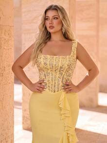 Glamrae Plus Size Elegant Luxurious Yellow Embroidered Sequin Lace Patchwork Satin Off-Shoulder Hanging Sleeve Sheer Sexy Mermaid Skirt With Slit And Side Drape, Suitable For Wedding, Event, Bachelorette Party, Vacation, Prom, Evening Gown (Heavy Work Style) - Yellow - View 5