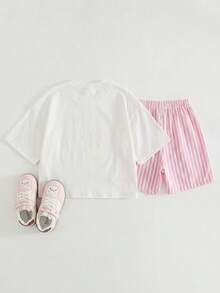 SHEIN 女童字母柠檬印花短袖T恤和短裤休闲日常穿搭 - 粉色 - 查看 5