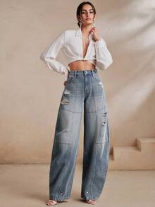 Anewsta Deconstructed Patchwork Distressed Curved Leg Wide Leg Jeans - Blue - View 7
