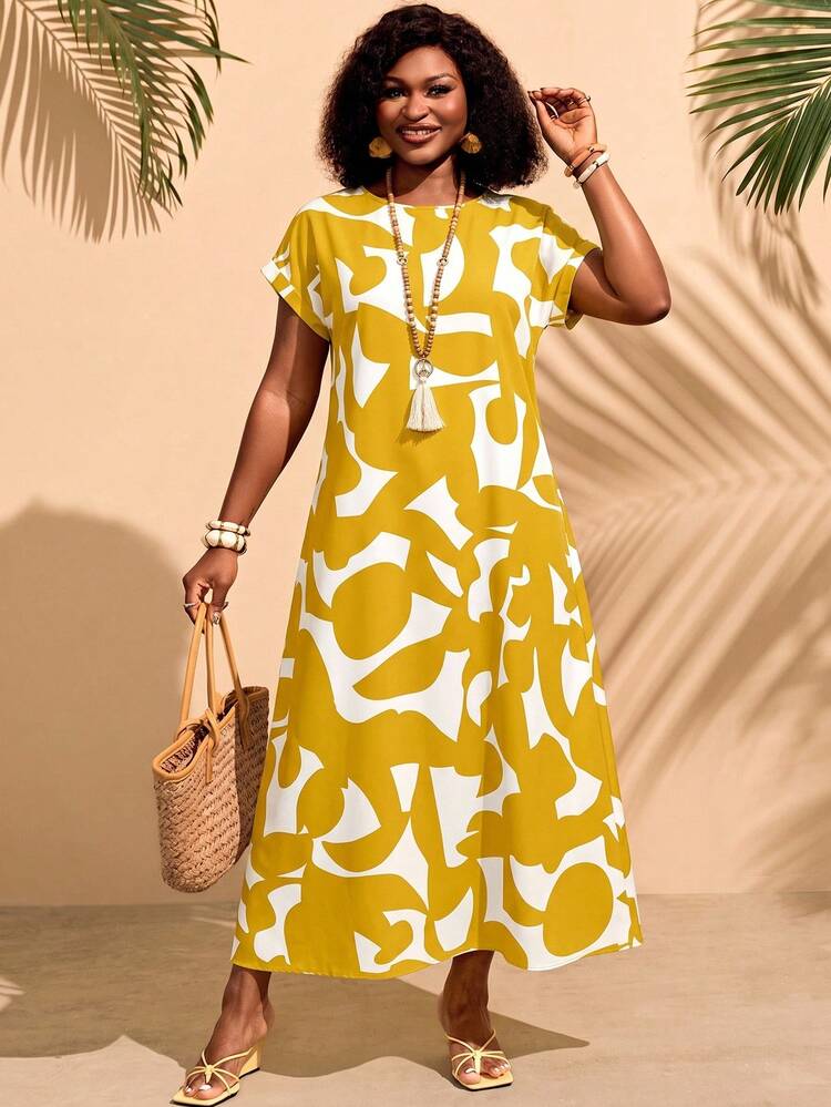 BrightlyHer Women's Blue Printed Round Neck Short Sleeve Maxi Casual/Holiday Dress