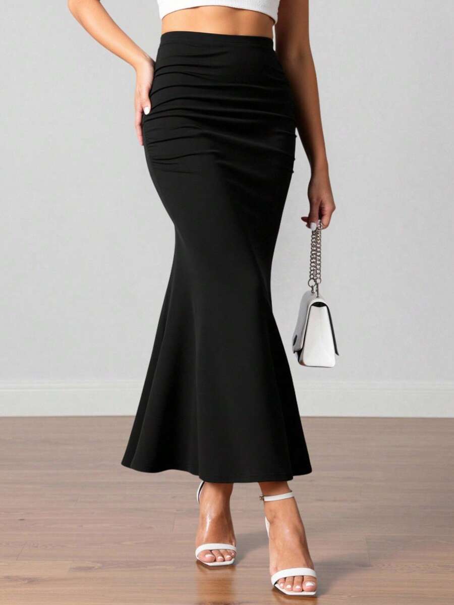 Breezaya Plus Size Solid Black High Waist Side Ruched Slim Fit Mermaid Maxi Skirt Women Summer Casual Going Out - Multicolor - View 1