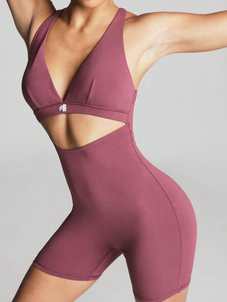 11SKNDS V-Neck Cutout Athletic Romper Jumpsuit With Crossback Straps And Biker Shorts Unitard One-Piece Bodysuit For Yoga Pilates Activewear Spring Summer - Purple - View 1