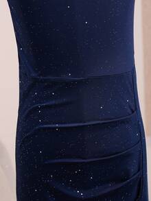 Tween Girls Elegant Back To School Casual Solid Color Asymmetrical Neck One-Shoulder Slim Fit Top - Navy Blue - View 3